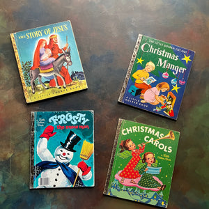 Set of Four Little Golden Books Christmas Theme: Set includes: Christmas Carols, Frosty The Snow Man, The Little Golden Cut-Out Christmas Manger, and The Story of Jesus-vintage children's picture books-view of the front covers