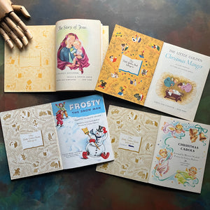 Set of Four Little Golden Books Christmas Theme: Set includes: Christmas Carols, Frosty The Snow Man, The Little Golden Cut-Out Christmas Manger, and The Story of Jesus-view of the inside covers and title pages