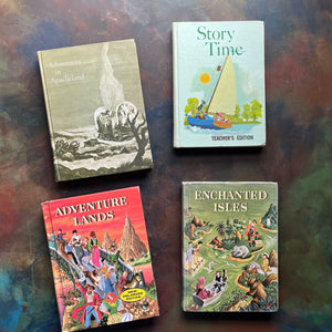 Set of 4 vintage school readers-treasury of literature-prose and poetry series-reading-motivated series-Adventures in Apacheland, Story Time, Adventure Lands and Enchanted Isles=-view of the front covers
