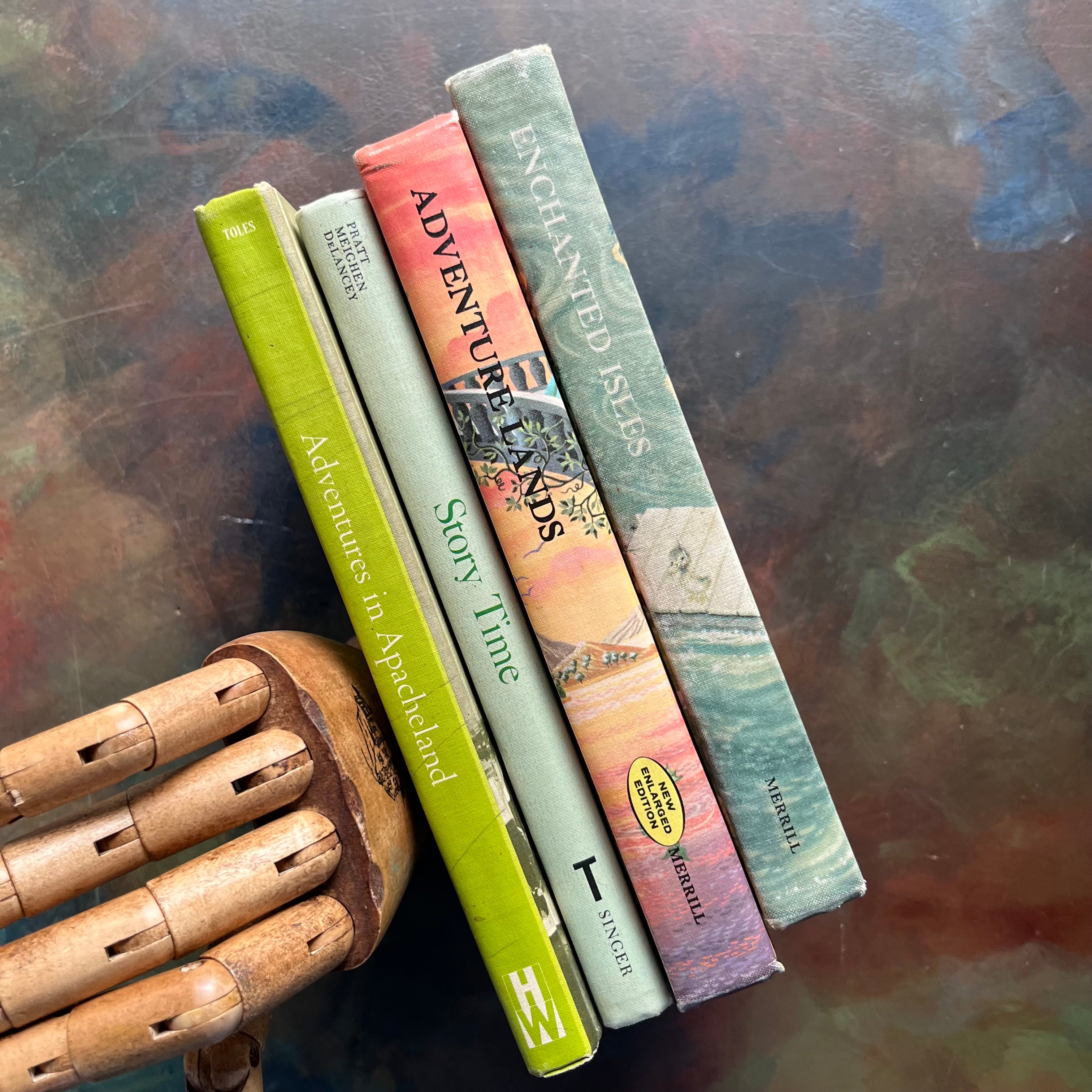 Set of 4 vintage school readers-treasury of literature-prose and poetry series-reading-motivated series-Adventures in Apacheland, Story Time, Adventure Lands and Enchanted Isles=-view of the spines