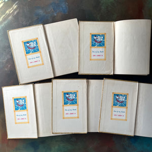 Set of 5 Antique Tom Swift Books written by Victor Appleton & Including-Submarine Boat-Electric Locomotive-Undersea Search-Caves of Ice-City of Gold-antique children's mystery books-view of the inside covers with bookplates
