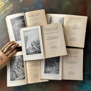 Set of 5 Antique Tom Swift Books written by Victor Appleton & Including-Submarine Boat-Electric Locomotive-Undersea Search-Caves of Ice-City of Gold-antique children's mystery books-view of the title pages with frontispieces