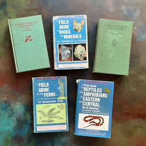 Set of 5 Peterson Field Guides Birds-Rocks & Minerals-Insects-Ferns-Reptiles & Amphibians-vintage field guides-nature guides-view of the front covers with dust jackets on 3 of the books