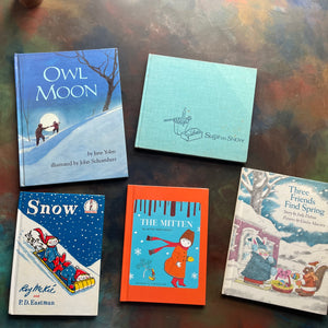 Set of 5 Vintage Children's Picture Books-Winter Theme-The Mitten, Snow, Owl Moon (A Caldecott Award-Winning Book), Sugar on Snow, and Three Friends Find Spring-view of the front covers