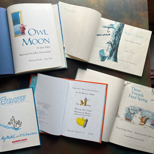 Set of 5 Vintage Children's Picture Books-Winter Theme-The Mitten, Snow, Owl Moon (A Caldecott Award-Winning Book), Sugar on Snow, and Three Friends Find Spring-view of the title pages