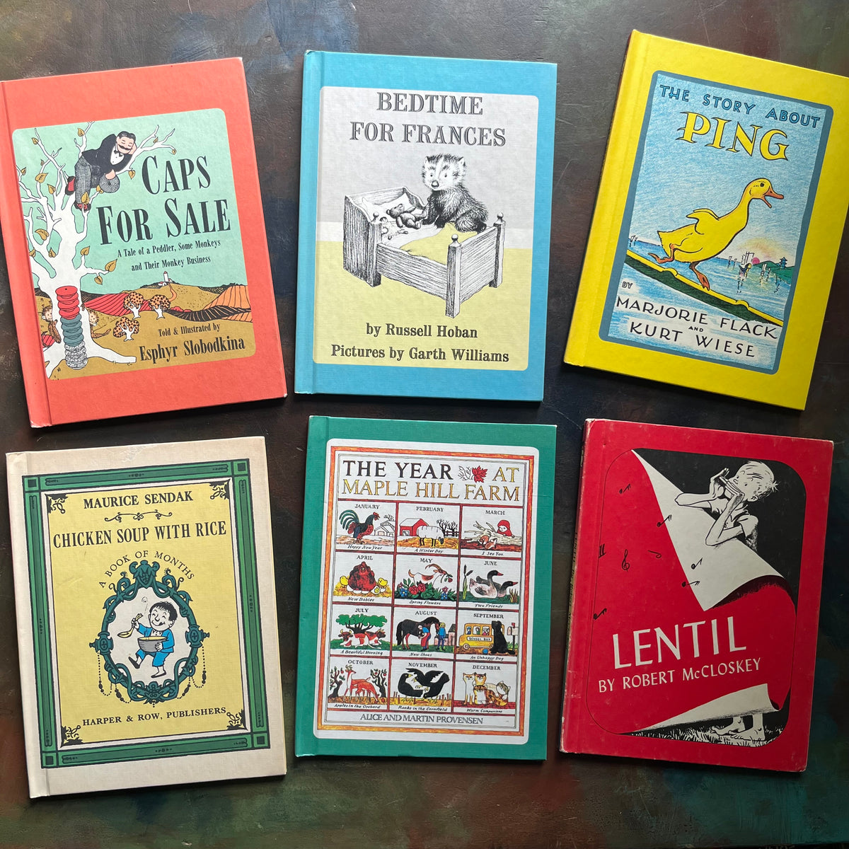 Set of 6 Classic Children's Picture Books published by Children's Choice Book Club Editions-beloved read aloud children's books-Caps for Sale-Bedtime for Frances-The Story About Ping-Chicken Soup with Rice-The Year at Maple Hill-Lentil-view of the front covers 
