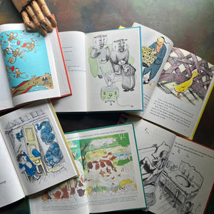 Set of 6 Classic Children's Picture Books published by Children's Choice Book Club Editions-beloved read aloud children's books-Caps for Sale-Bedtime for Frances-The Story About Ping-Chicken Soup with Rice-The Year at Maple Hill-Lentil-view of the illustrations