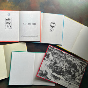 Set of 6 Classic Children's Picture Books published by Children's Choice Book Club Editions-beloved read aloud children's books-Caps for Sale-Bedtime for Frances-The Story About Ping-Chicken Soup with Rice-The Year at Maple Hill-Lentil-view of the inside covers