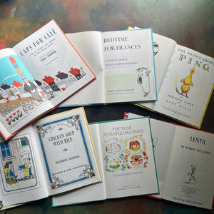Set of 6 Classic Children's Picture Books published by Children's Choice Book Club Editions-beloved read aloud children's books-Caps for Sale-Bedtime for Frances-The Story About Ping-Chicken Soup with Rice-The Year at Maple Hill-Lentil-view of the title pages