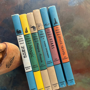 Set of 6 The Real Book About Books - Pets-Magic-Space Travel-Stars-Amazing Animals-Science Experiments-vintage children's science books-view of the spines