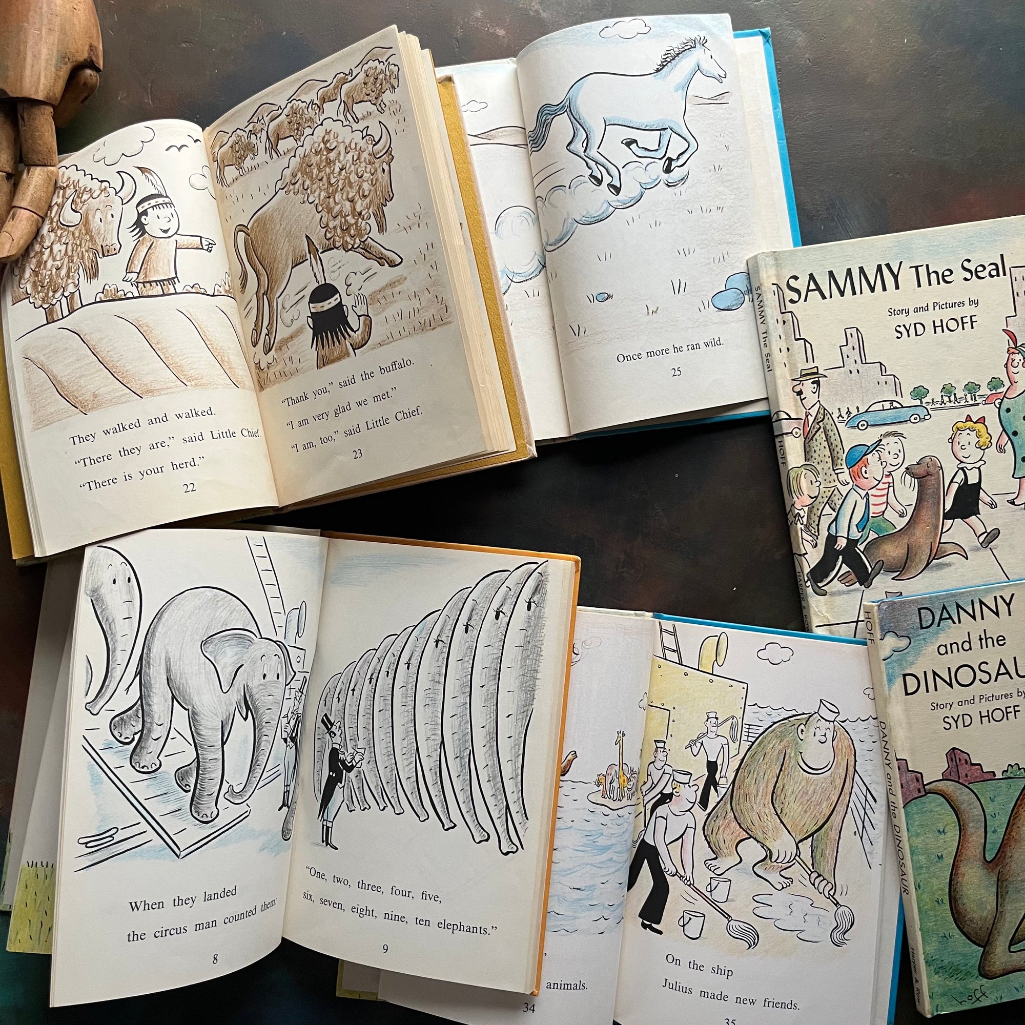 Set of 6 Vintage Picture Books written & illustrated by Syd Hoff-vintage I Can Read books-children's picture book set-view of the illustrations in four of the books