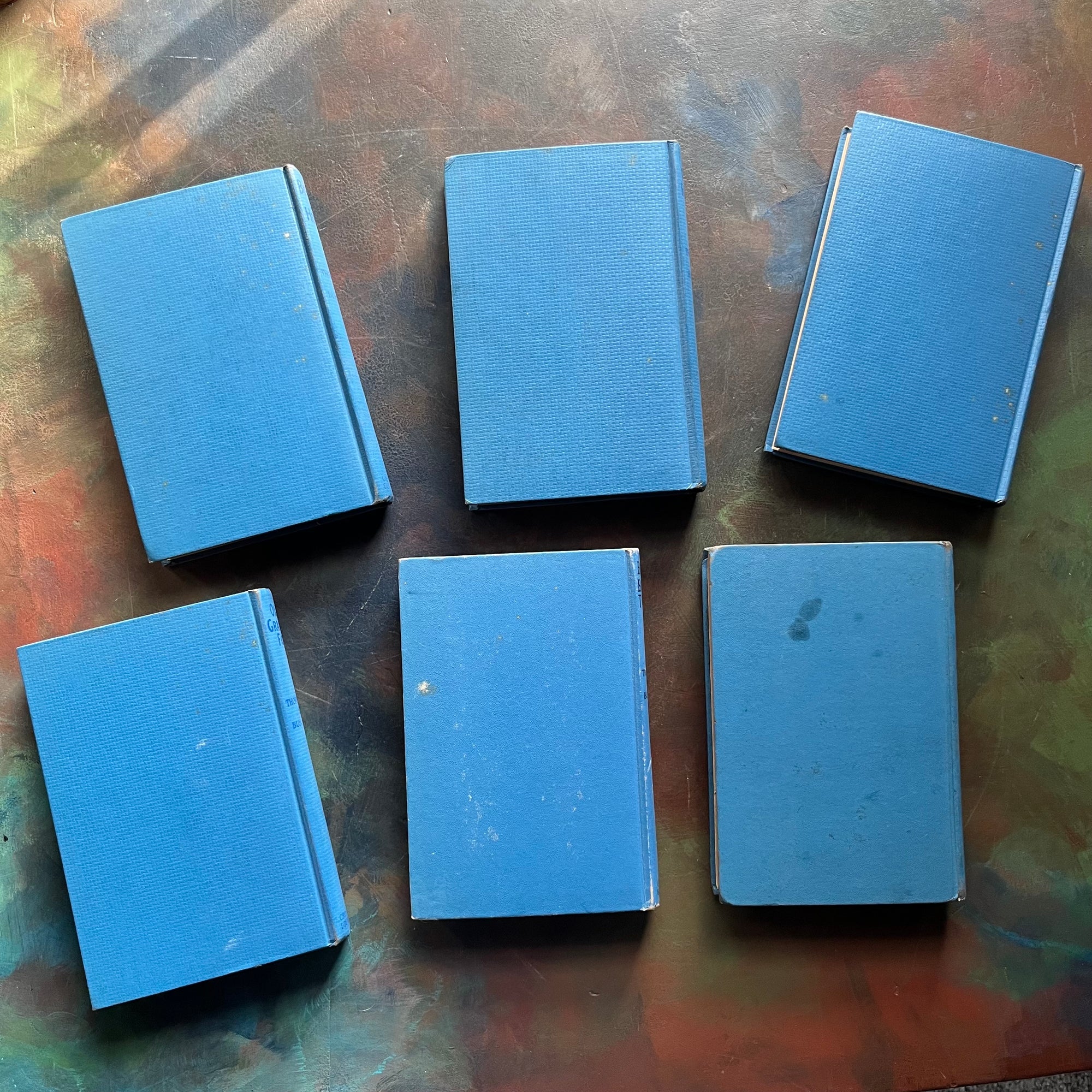 Set of 6 illustrated Thornton W. Burgess Green Forest and Green Meadows Series Story-Books-vintage animal stories for children-read aloud favorites-Harrison Cady Illustrations - view of the blue back covers