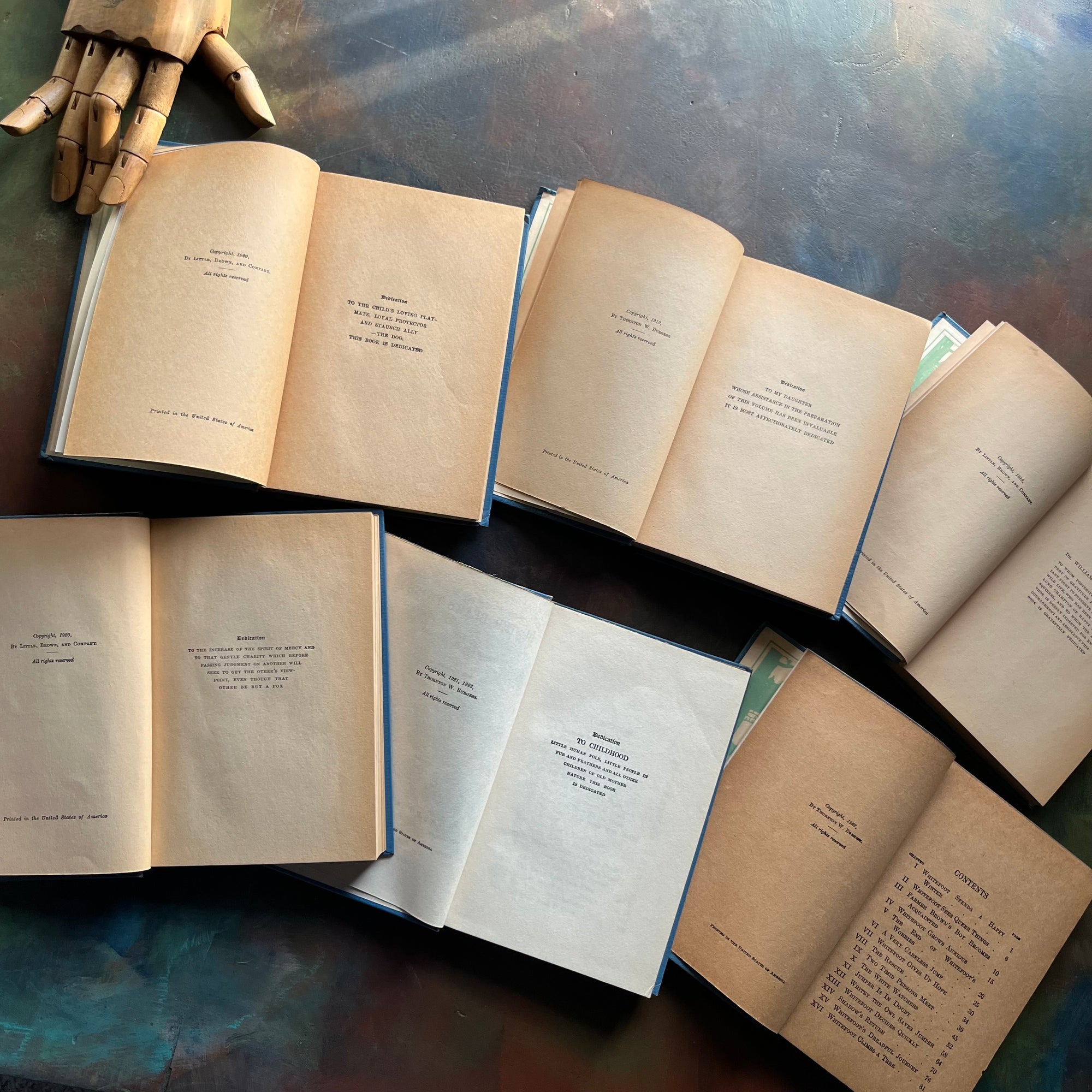 Set of 6 illustrated Thornton W. Burgess Green Forest and Green Meadows Series Story-Books-vintage animal stories for children-read aloud favorites-Harrison Cady Illustrations - view of the copyright pages