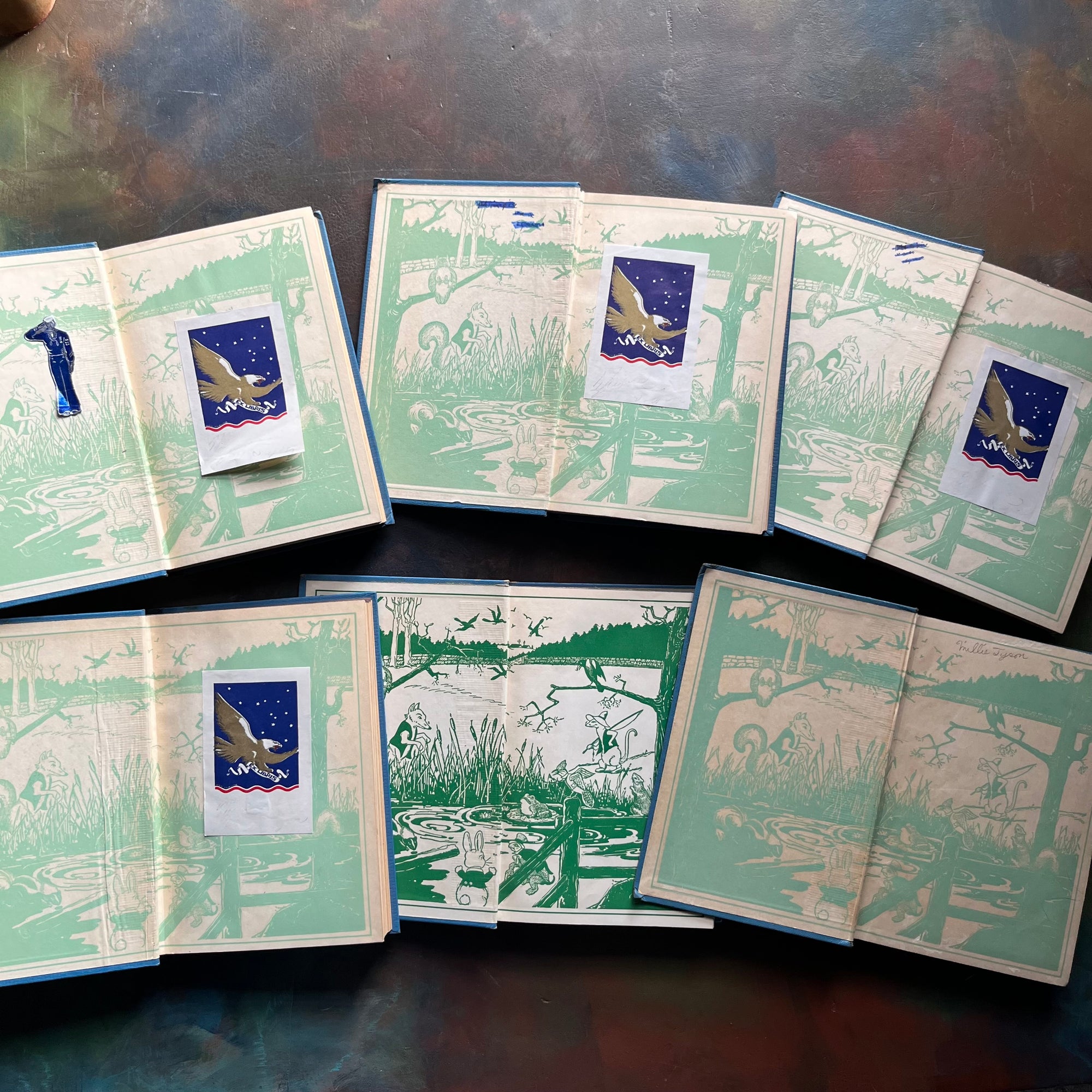 Set of 6 illustrated Thornton W. Burgess Green Forest and Green Meadows Series Story-Books-vintage animal stories for children-read aloud favorites-Harrison Cady Illustrations - view of the inside covers showing a repeated scene in each one & book plates in 4 of the set