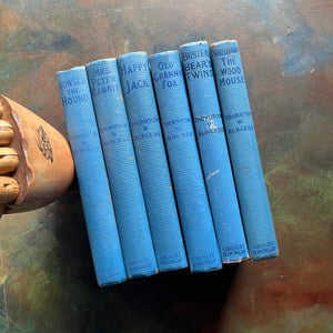 Set of 6 illustrated Thornton W. Burgess Green Forest and Green Meadows Series Story-Books-vintage animal stories for children-read aloud favorites-Harrison Cady Illustrations - view of the blue spines