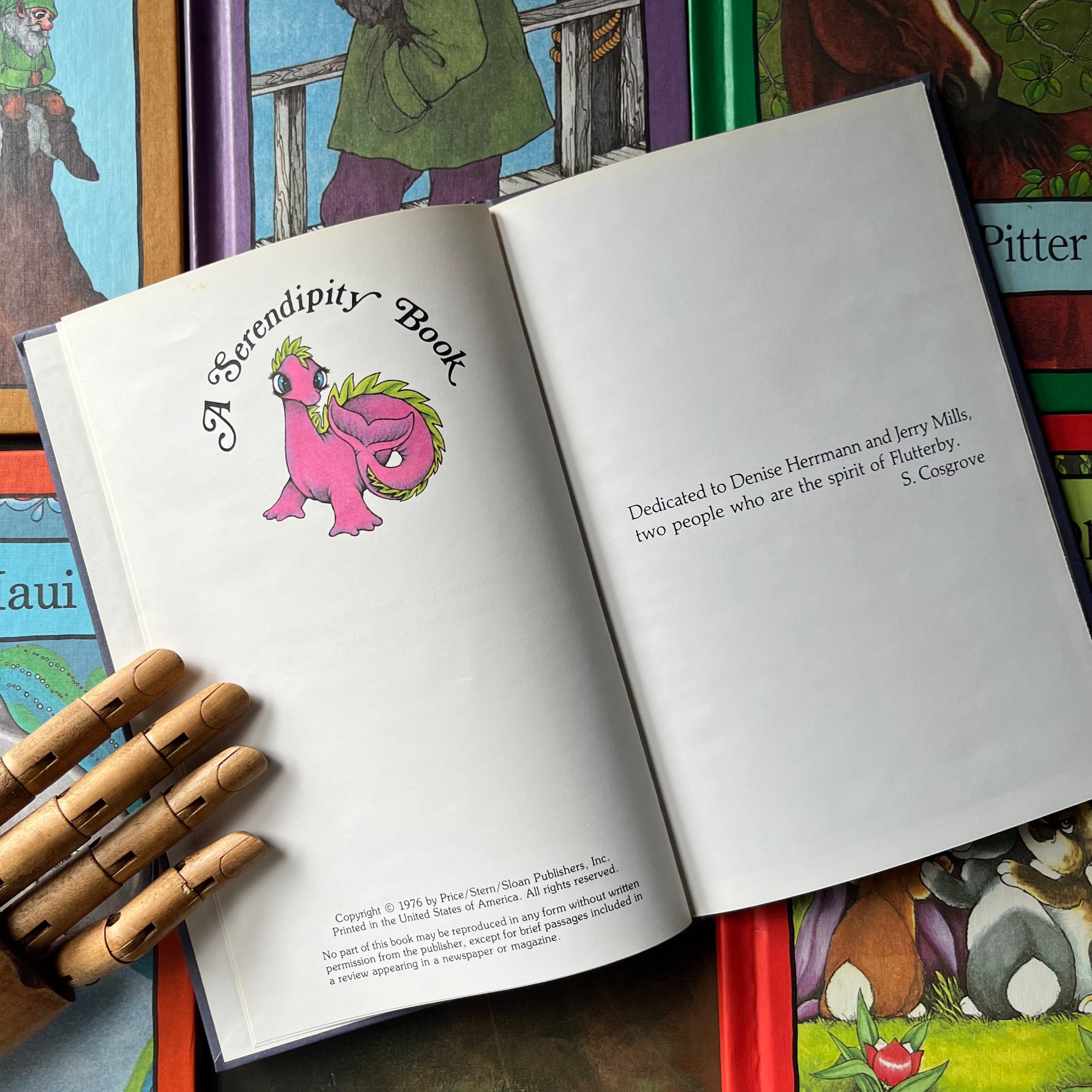 Collection of Serendipity books written by Stephen Cosgrove with illustrations by Robin James -1980's kid's books-view of the copyright page