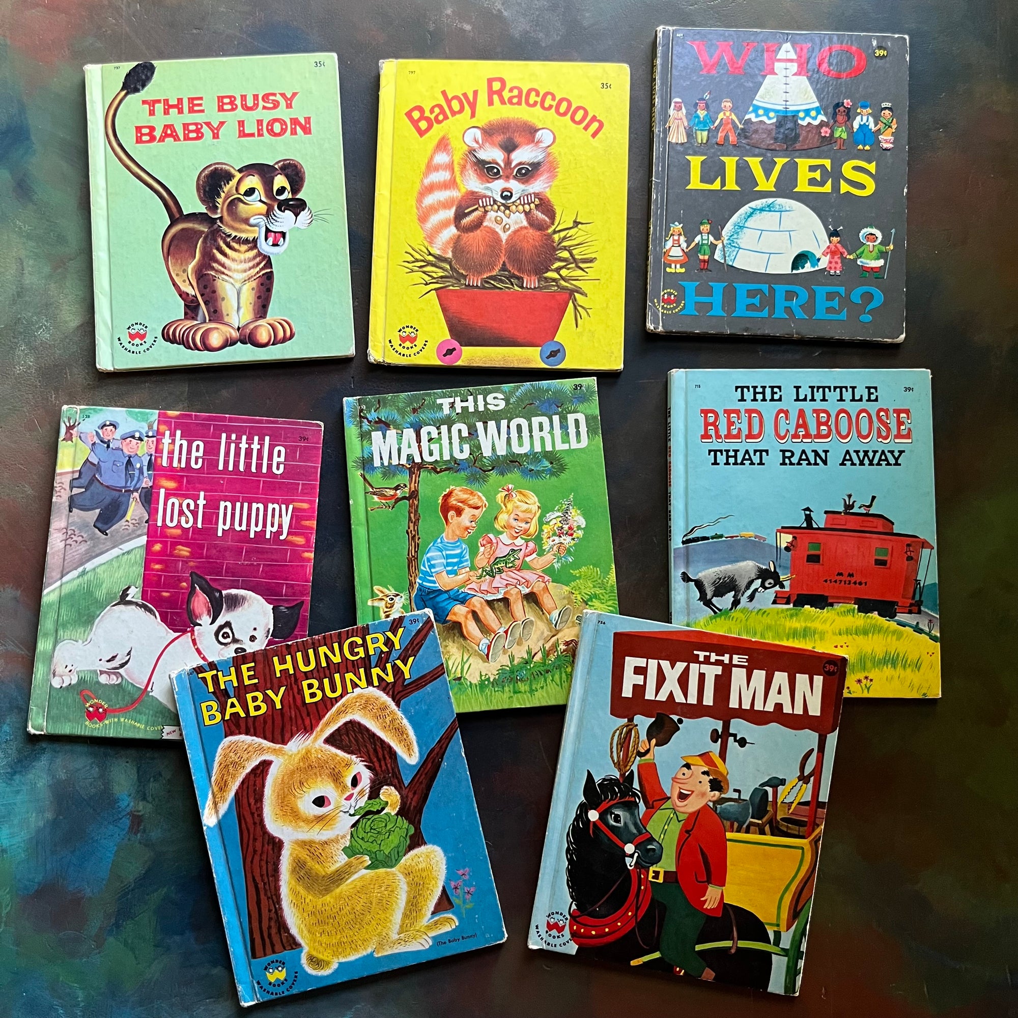 Set of 8 Wonder Books-vintage book set-vintage children's picture books-1950's children's books-view of the front covers with vibrant illustrations & titles