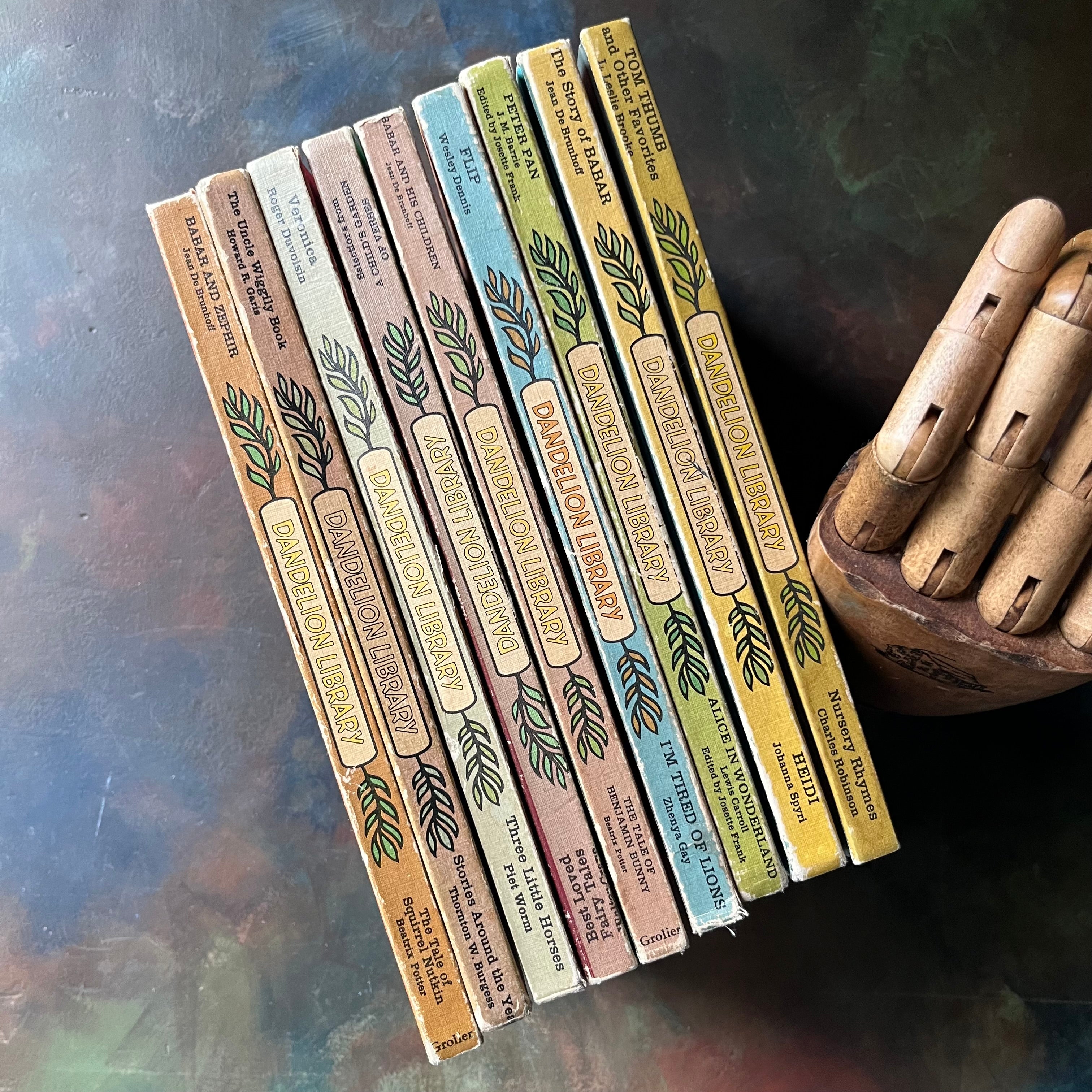 Set of 9 Dandelion Library Series of Children's Books-vintage children's books-easy read a-loud books-view of the spines