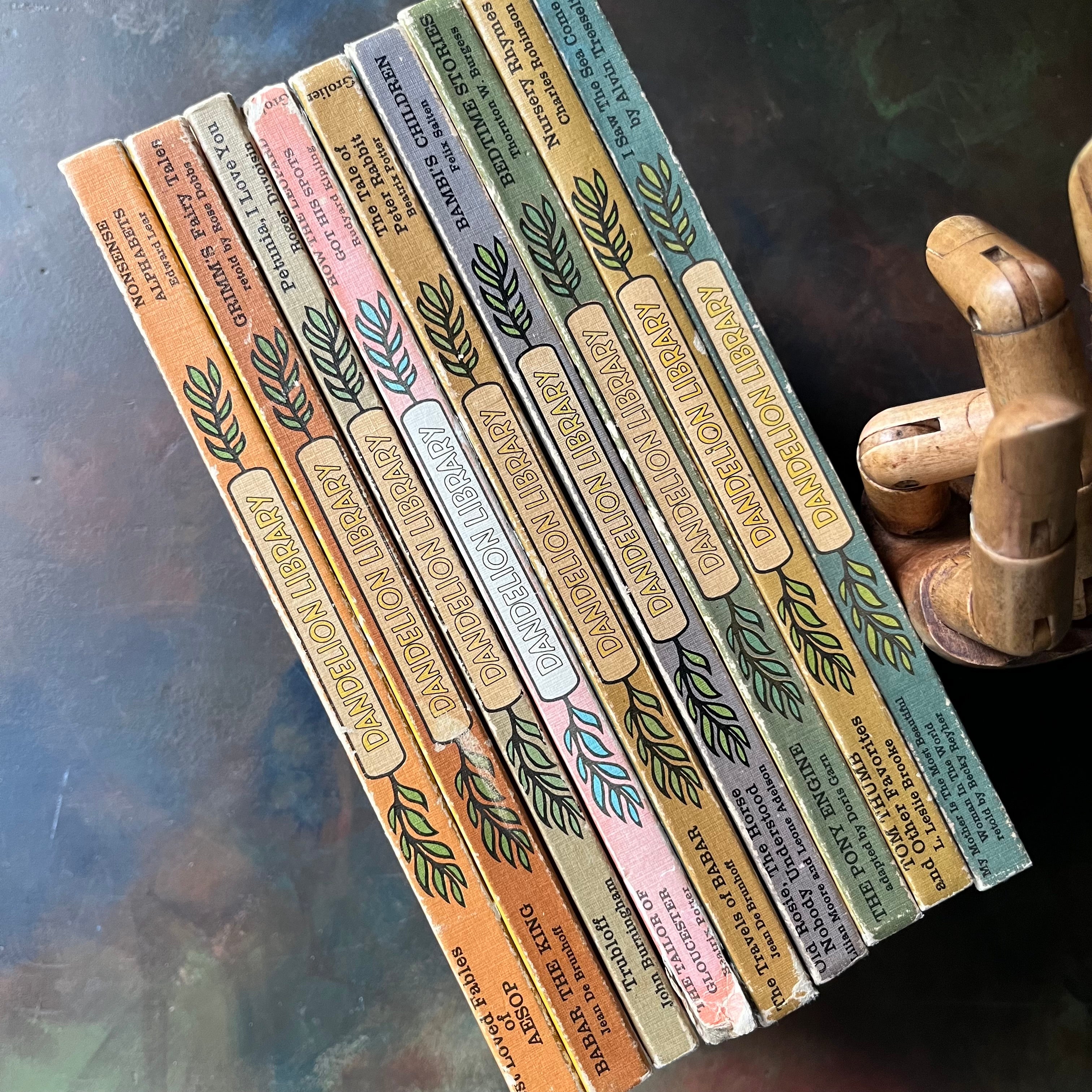 Set of 9 Dandelion Library Series of Children's Books II-vintage children's books-easy read a-loud books-view of the spines