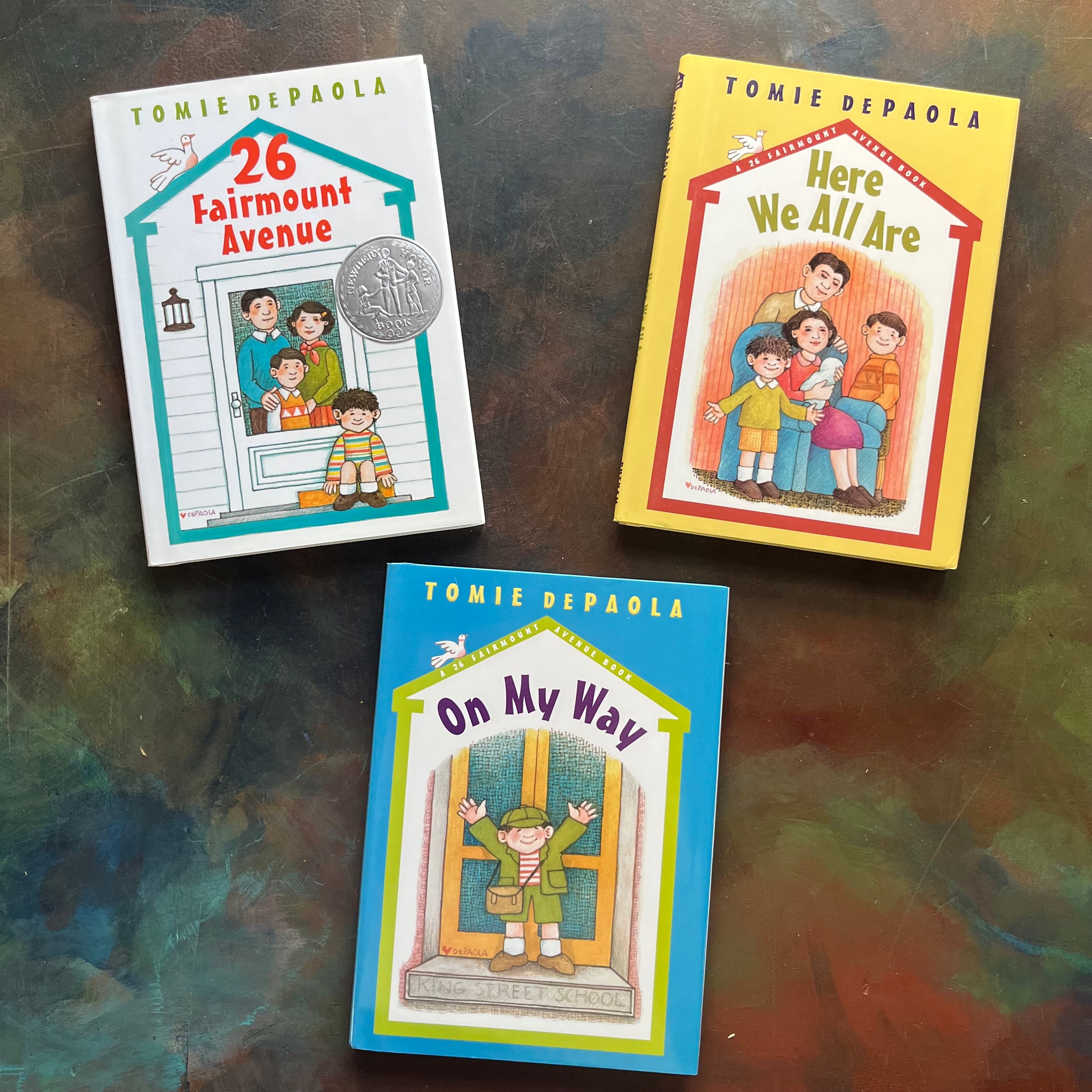 Set of Three Children's Illustrated Chapter Books in the 26 Fairmount Avenue Series written and illustrated by Tomie DePaola 26 Fairmount Avenue-Here We All Are-On My Way-view of the front covers of the dust jackets