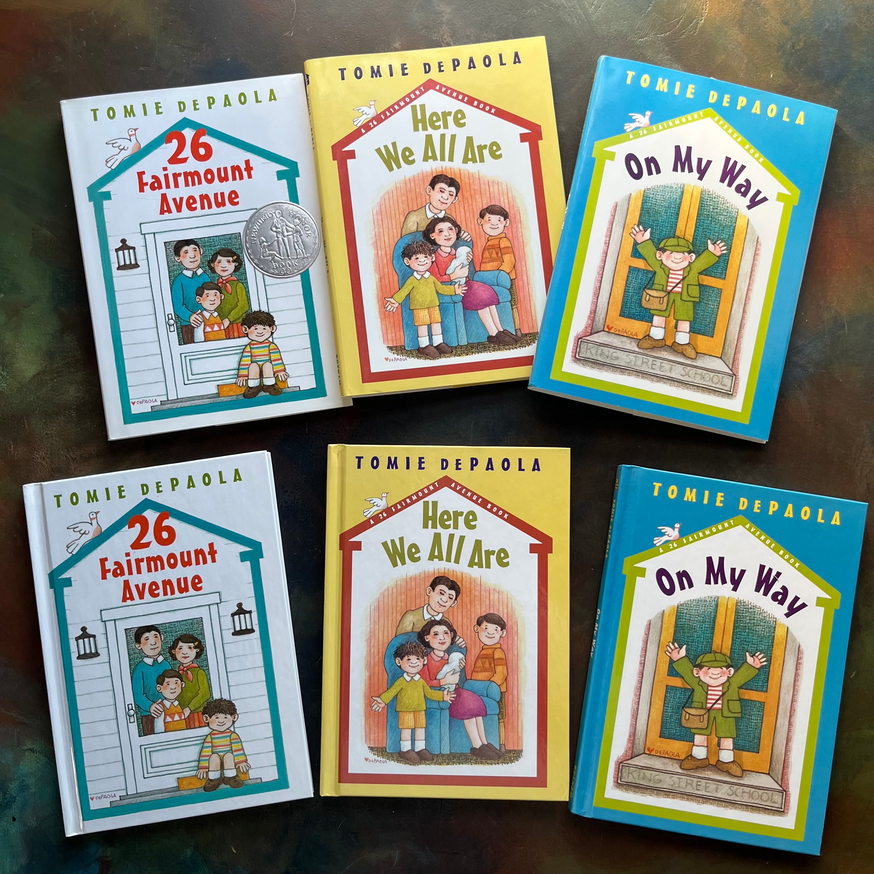 Set of Three Children's Illustrated Chapter Books in the 26 Fairmount Avenue Series written and illustrated by Tomie DePaola 26 Fairmount Avenue-Here We All Are-On My Way-view of the front covers