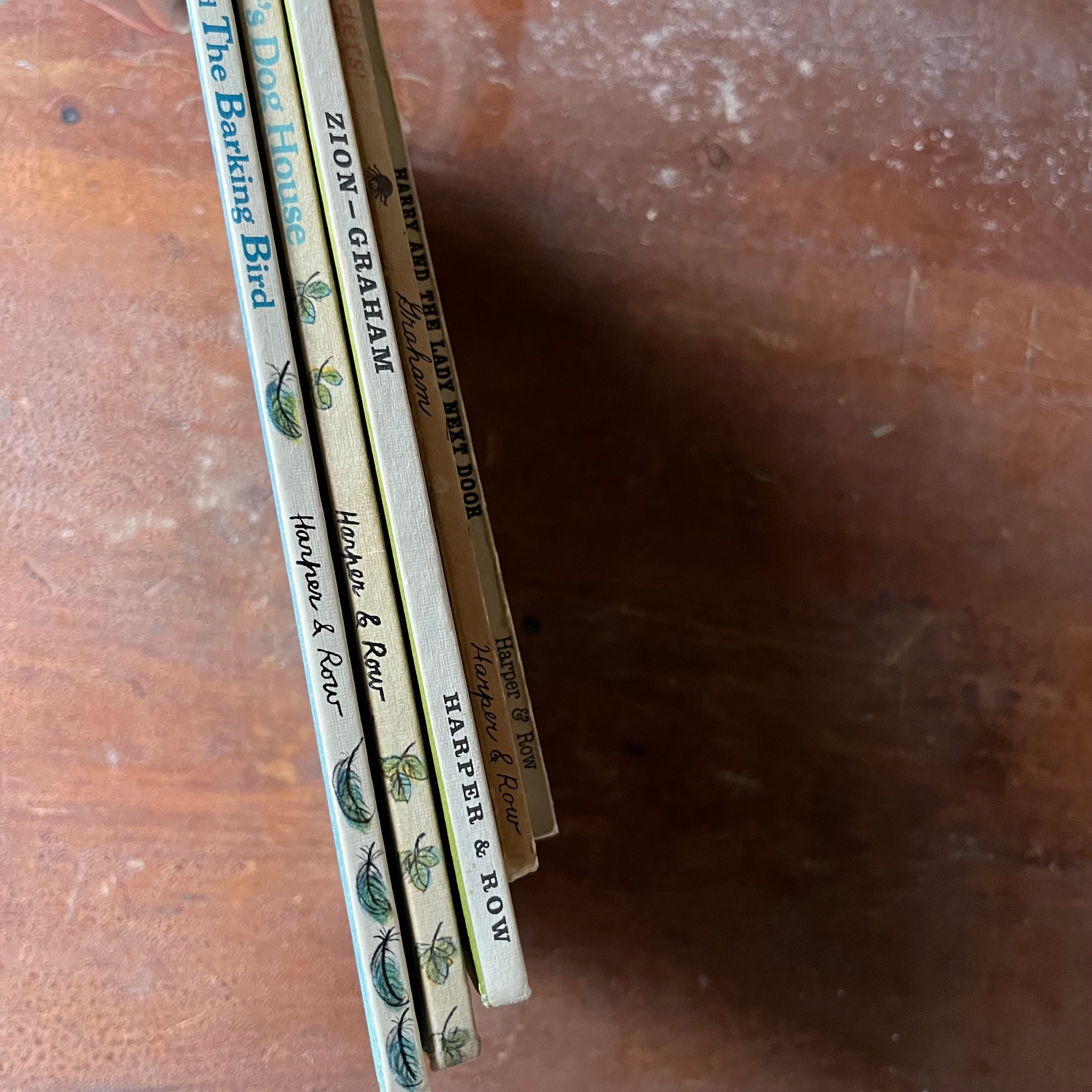vintage children's picture book set - Set of Five Margaret Bloy Graham Books - 2 Harry the Dog books written by Gene Zion with illustrations by Margaret, 2 Benjy the Dog Books & Be Nice to Spiders - view of the spines