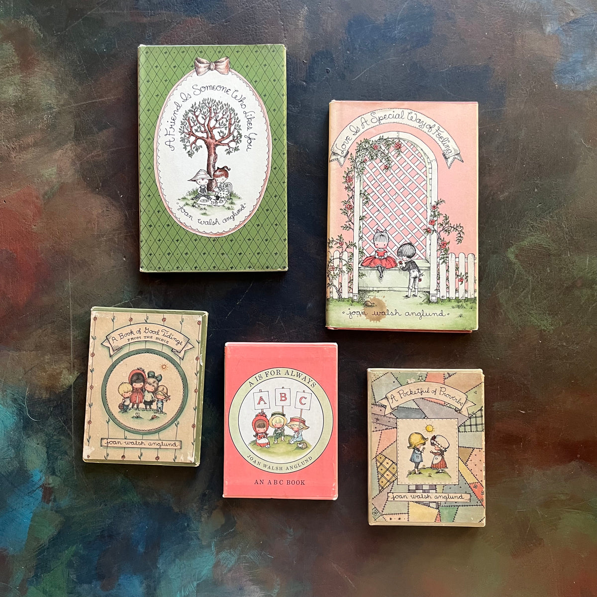 Set of Five vintage Joan Walsh Anglund gift books-friendship-love-educational-Valentine's Day Gift-view of the dust jacket and book sleeve covers