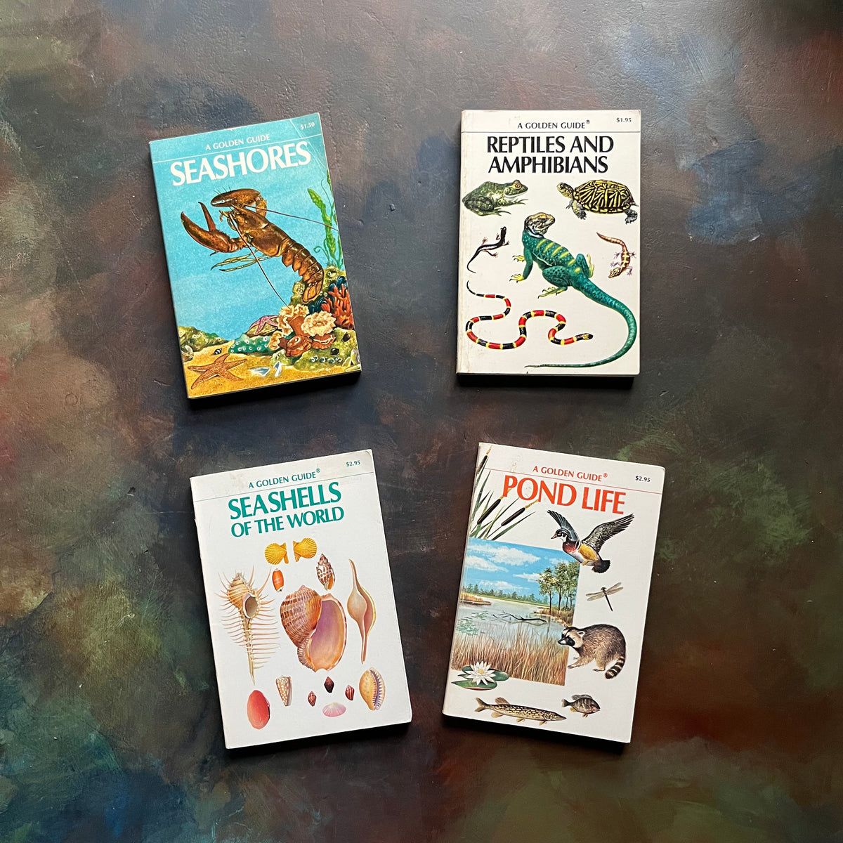 Set of Four Golden Guide Pocket Nature Guides-vintage nature guides-Seashores, Reptiles & Amphibians, Seashells of the World & Pond Life-view of the front covers