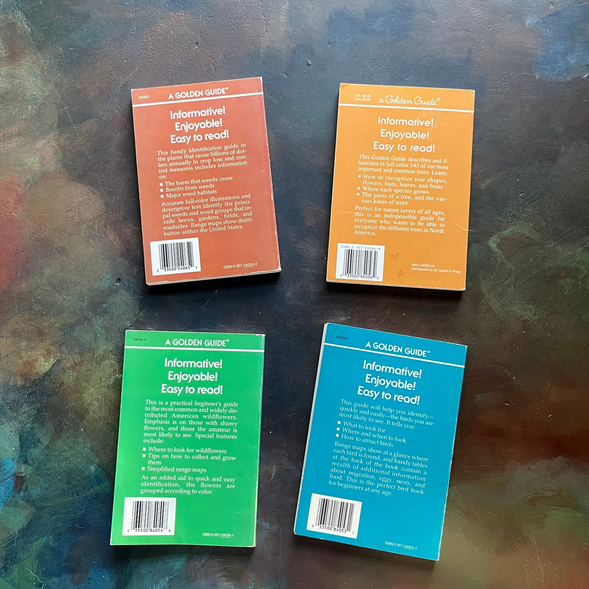 Set of Four Vintage Golden Guide Books-nature pocket guides-Birds, Flowers, Trees, and Weeds-view of the back covers