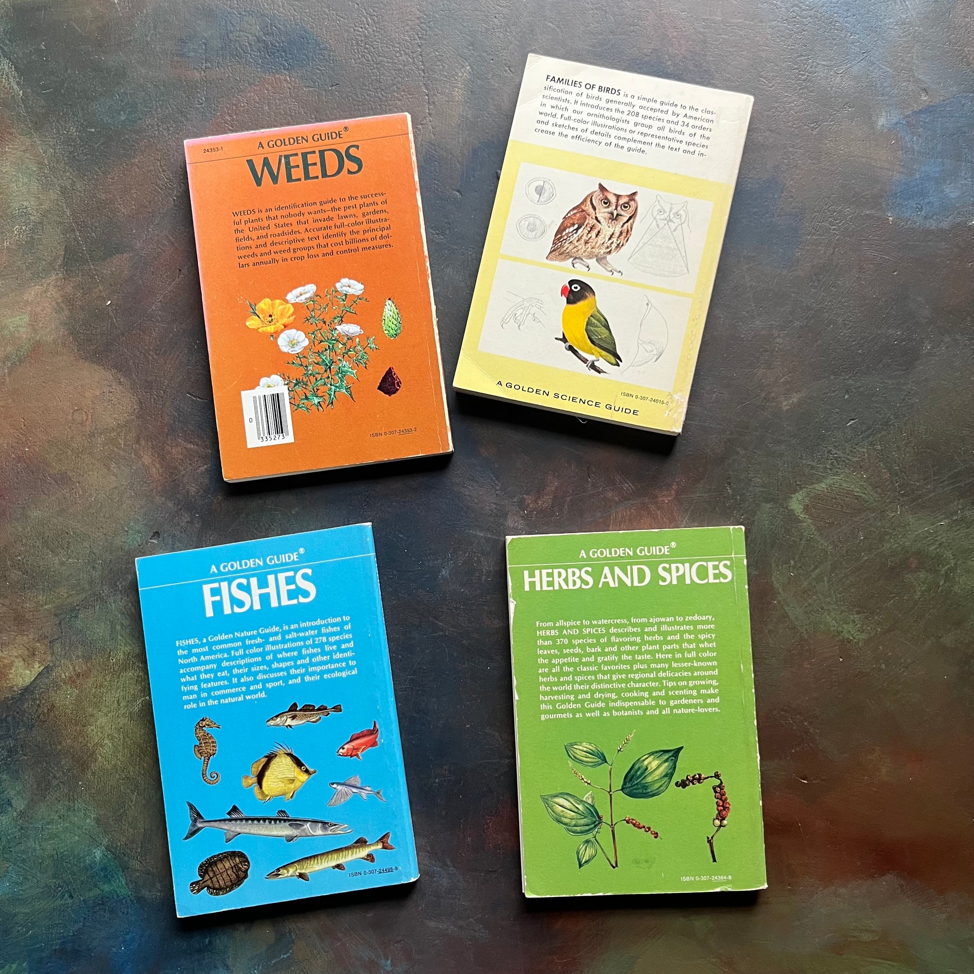 Set of Four Vintage Golden Guides-Nature Pocket Guides-Weeds, Families of Birds, Fishes & Herbs and Spices-view of the back covers