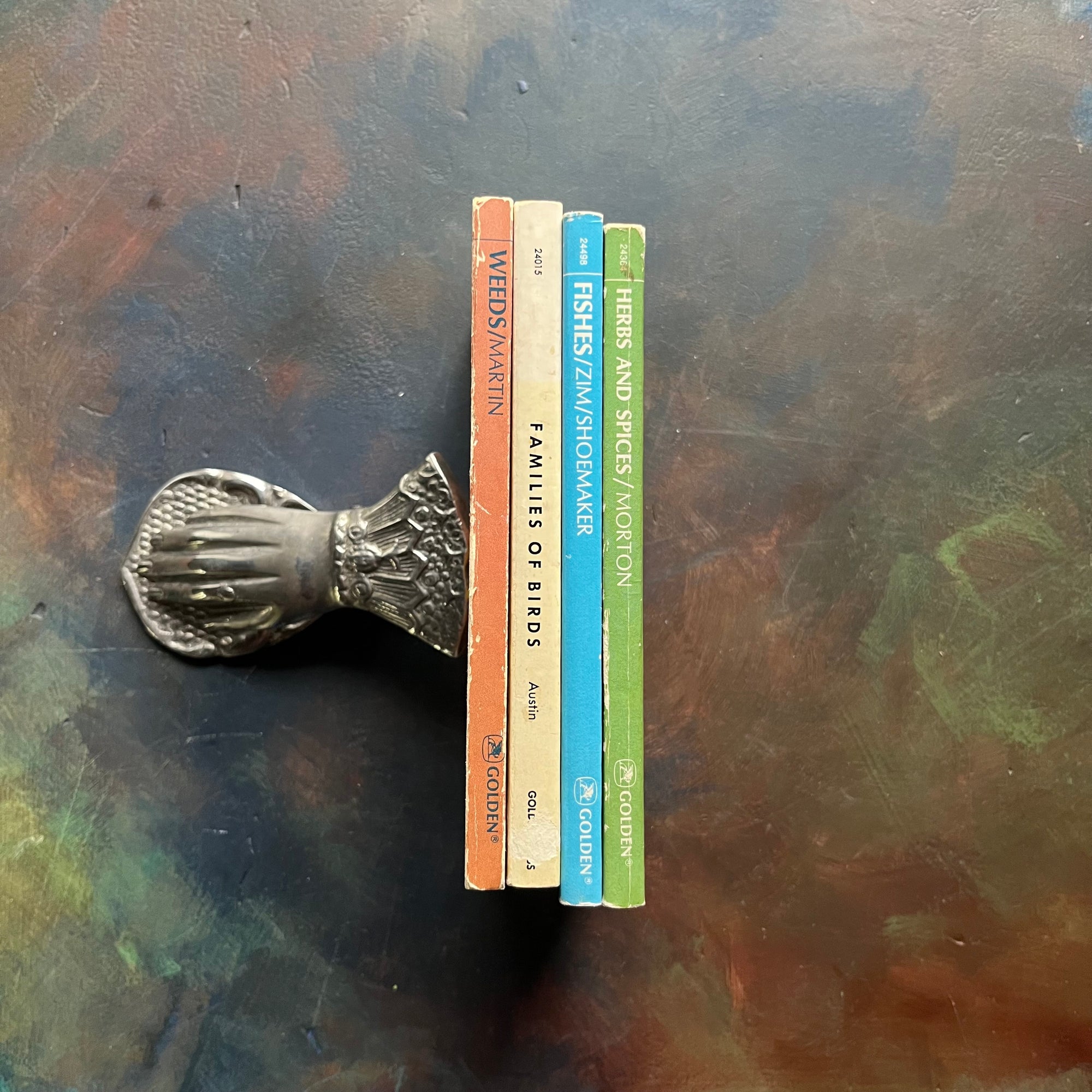 Set of Four Vintage Golden Guides-Nature Pocket Guides-Weeds, Families of Birds, Fishes & Herbs and Spices-view of the spines