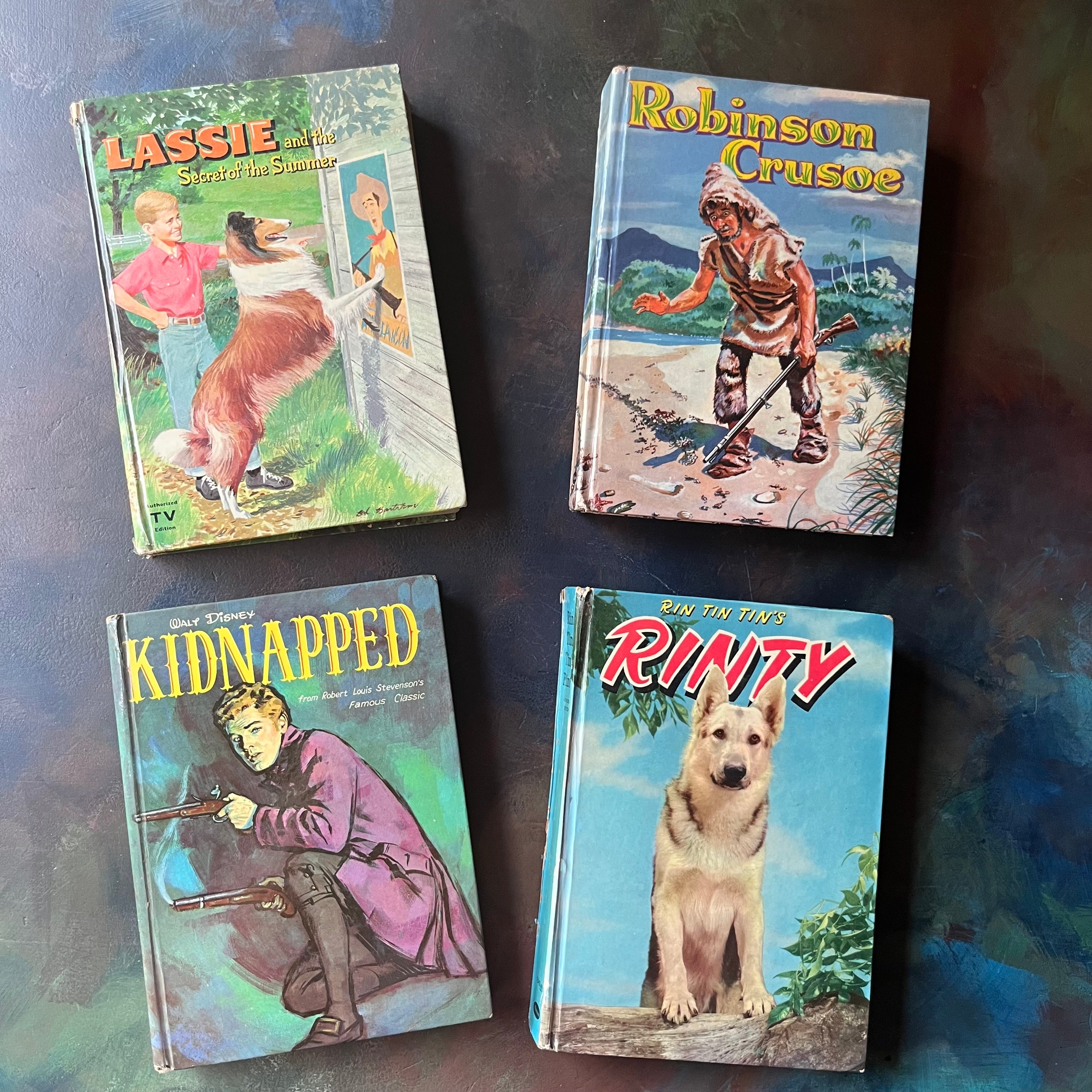 Set of Four Whitman Publishing Books-Rin Tin Tin's Rinty-Kidnapped-Robinson Crusoe-Lassie and the Secret of the Summer-vintage children's books-view of the front covers