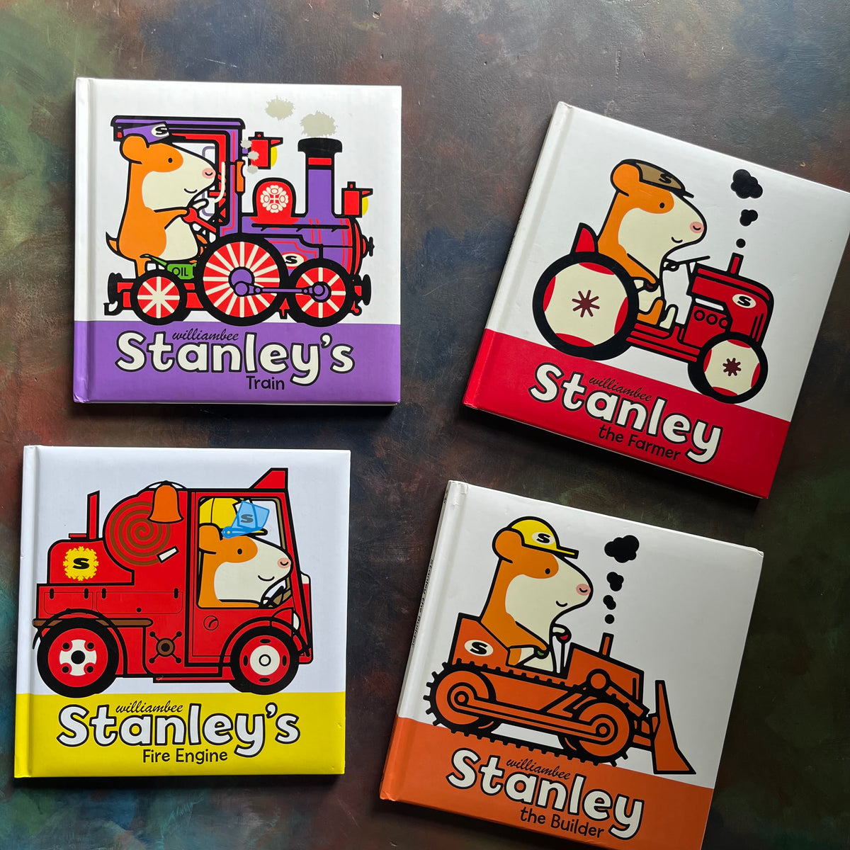 Set of Four William Bee Stanley Books-Stanley's Fire Engine-Stanley's Train-Stanley the Builder-Stanley the Farmer-children's picture books-view of the front covers