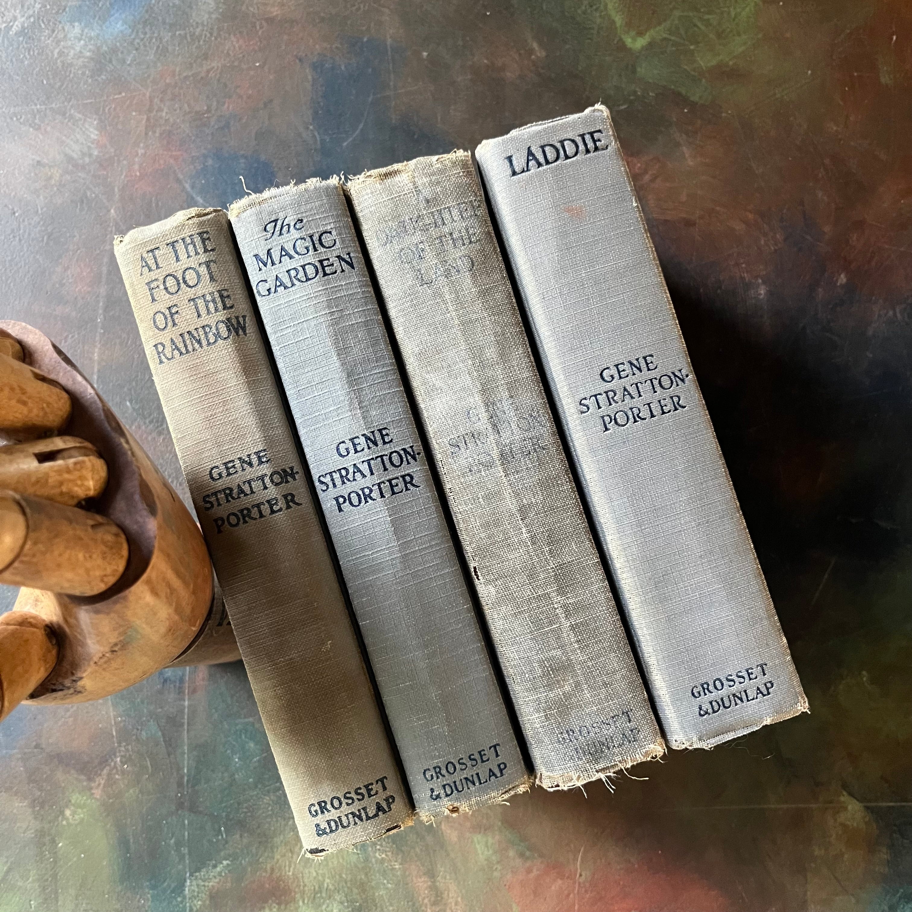 Set of Gene Stratton-Porter Books-Laddie A True Blue Story, A Daughter of the Land, The Magic Garden, At the Foot of the Rainbow-antique novels-view of the spines