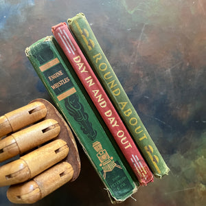 Set of The Alice and Jerry Books Reading Foundation Series Books-Day In and Day Out, Round About, and Engine Whistles-vintage schoolbooks-view of the spines