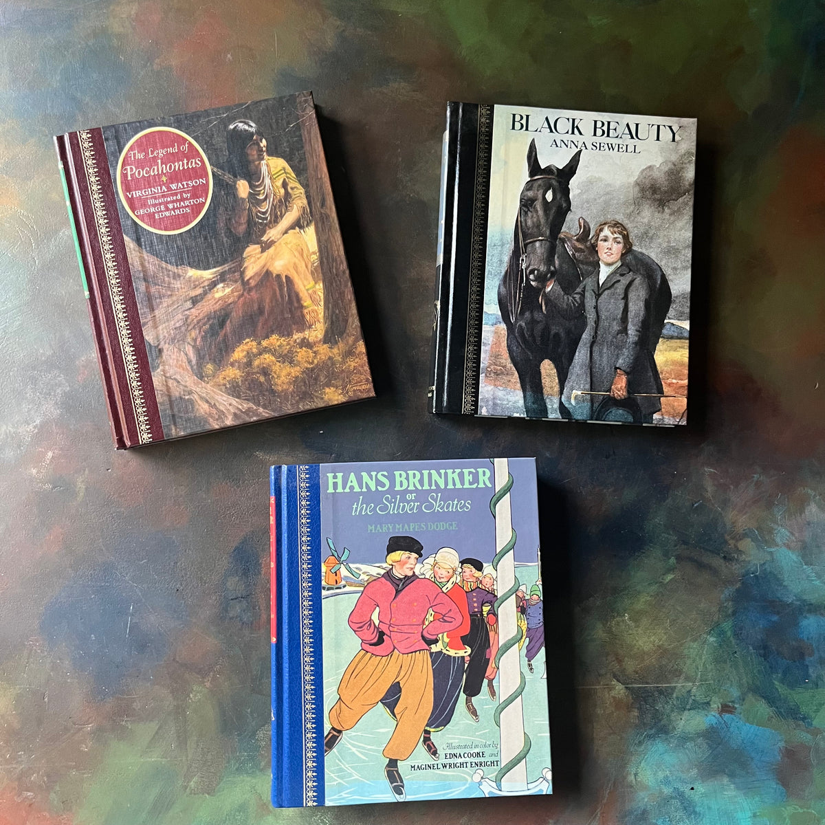 Set of Three 1980's Children's Classics Editions-Hans Brinker-Black Beauty-The Legend of Pocahontas-perfect read-aloud books-view of the front covers