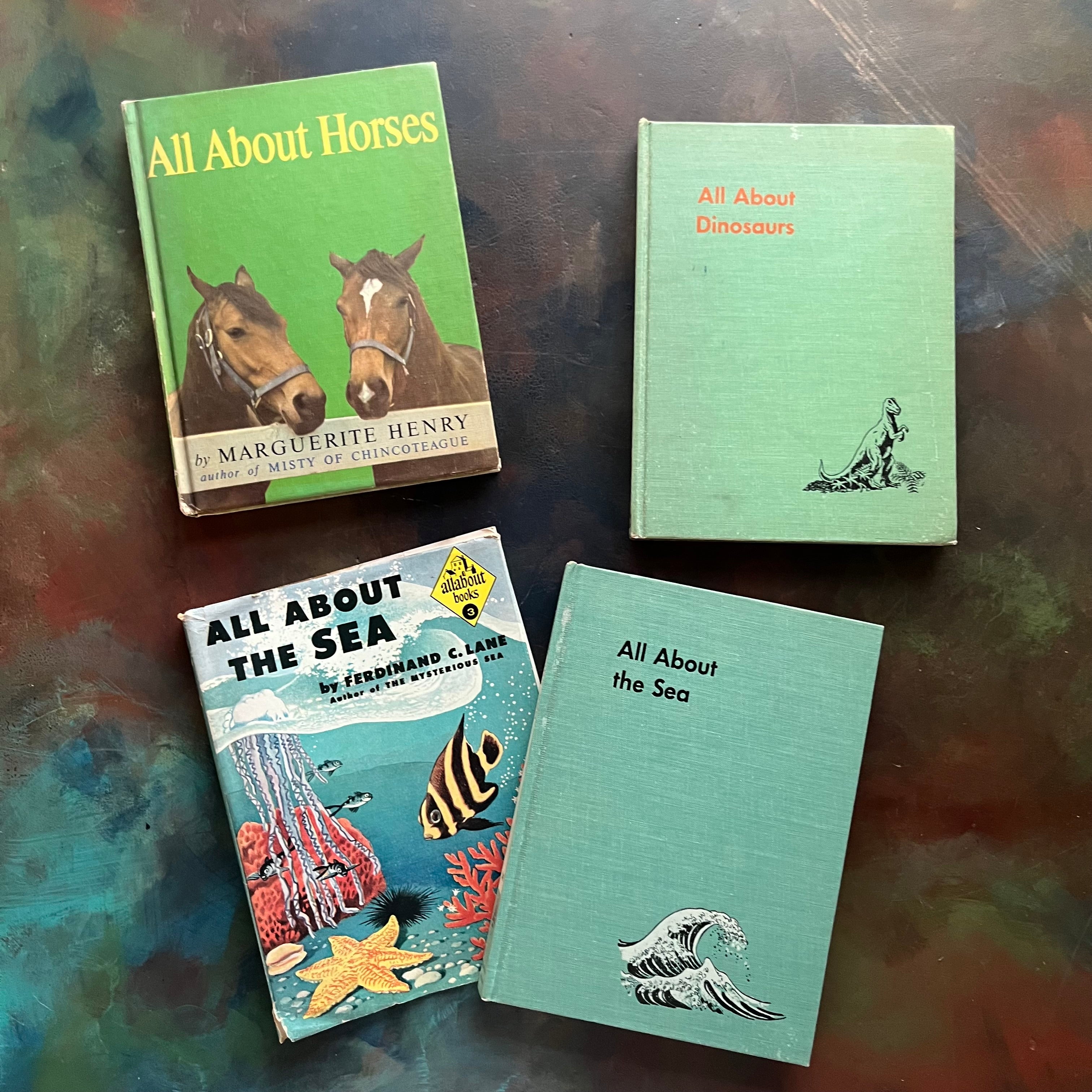 Set of Three All About Books-All About Horses-All About Dinosaurs-All About The Sea-science books for kids-vintage books for children-view of the front cover