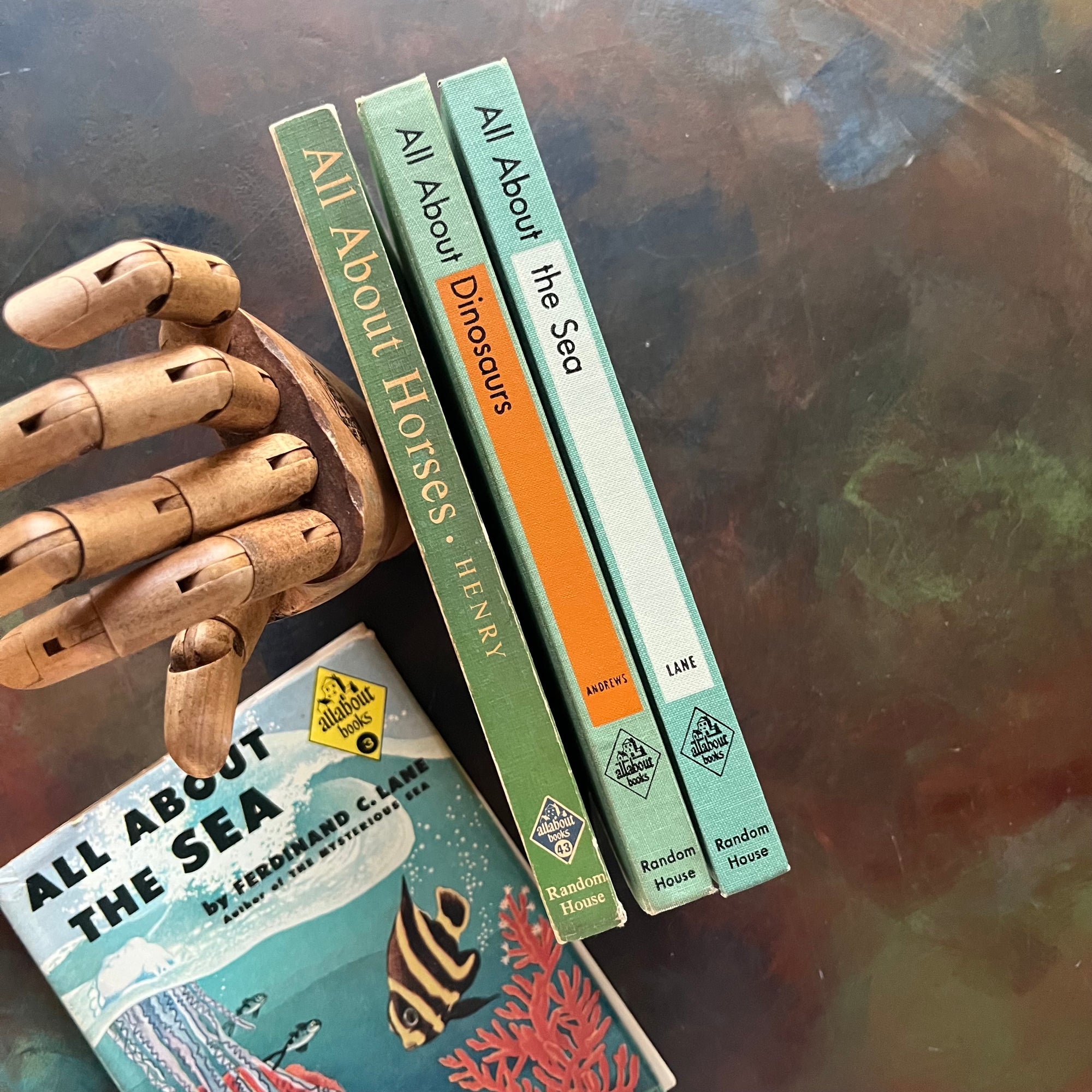 Set of Three All About Books-All About Horses-All About Dinosaurs-All About The Sea-science books for kids-vintage books for children-view of the spines