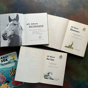 Set of Three All About Books-All About Horses-All About Dinosaurs-All About The Sea-science books for kids-vintage books for children-view of the title pages
