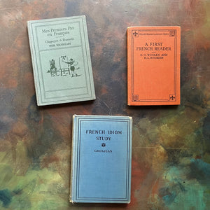 Set of Three Antique French Schoolbooks Teaching French-Idioms-French Primer-Learn French-Charlotte Mason Homeschool-Mes Premiers Pas en Francais-A First French Reader-French Idiom Study-view of the books front covers