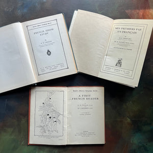 Set of Three Antique French Schoolbooks Teaching French-Idioms-French Primer-Learn French-Charlotte Mason Homeschool-Mes Premiers Pas en Francais-A First French Reader-French Idiom Study-view of the title pages