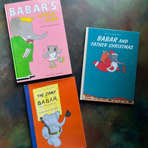 Vintage Picture books written by Jean and Laurent de Brunhoff Books-The Story of Babar The Little Elephant-Babar's Little Girl-Babar and Father Christmas-vintage children's picture books-view of the front covers