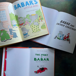Vintage Picture books written by Jean and Laurent de Brunhoff Books-The Story of Babar The Little Elephant-Babar's Little Girl-Babar and Father Christmas-vintage children's picture books-view of the title pages