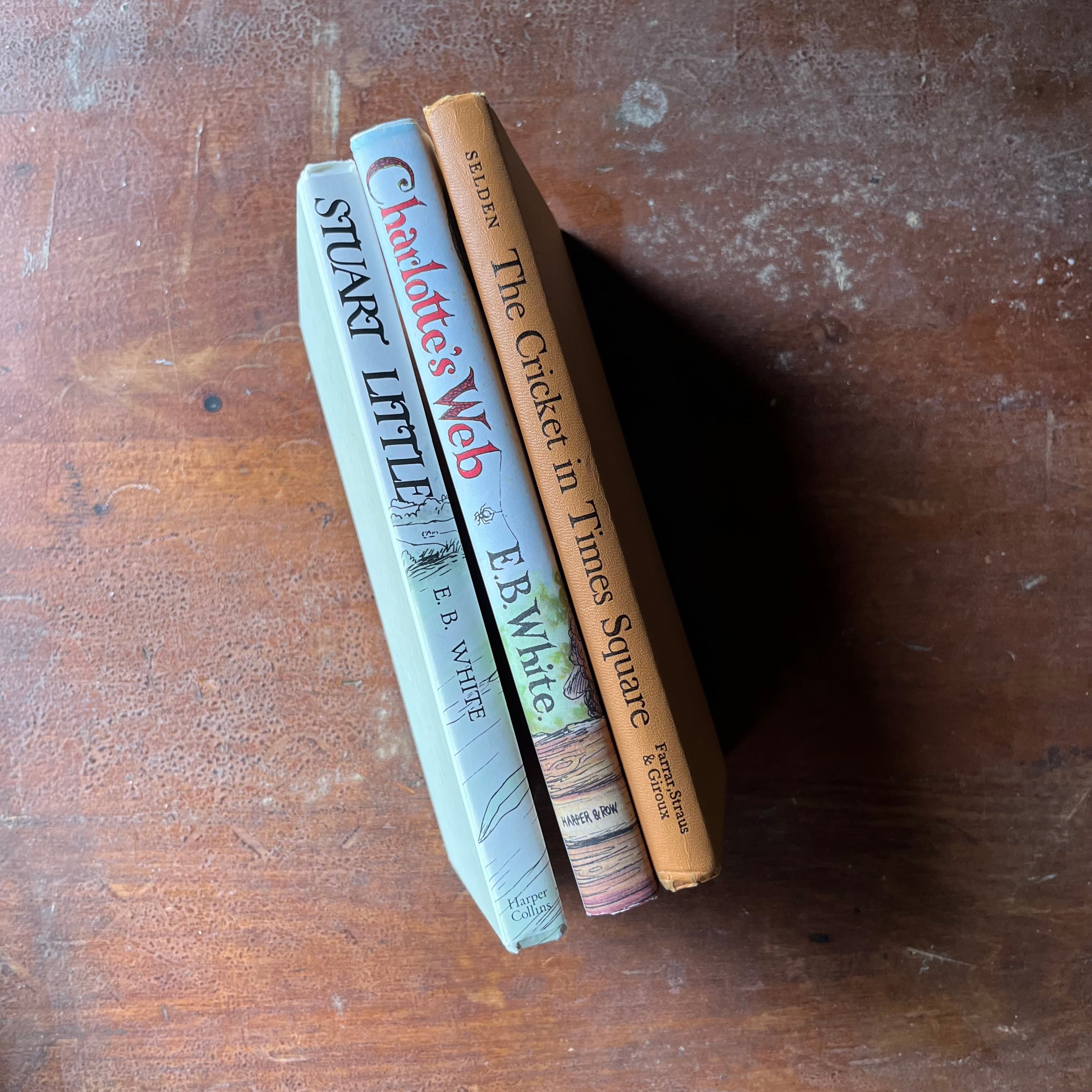 vintage children's chapter books, Garth Williams Illustrations, vintage children's books about animals - Set of Three Books Illustrated by Garth Williams-Charlotte's Web, Stuart Little & The Cricket in Times Square - view of the spine
