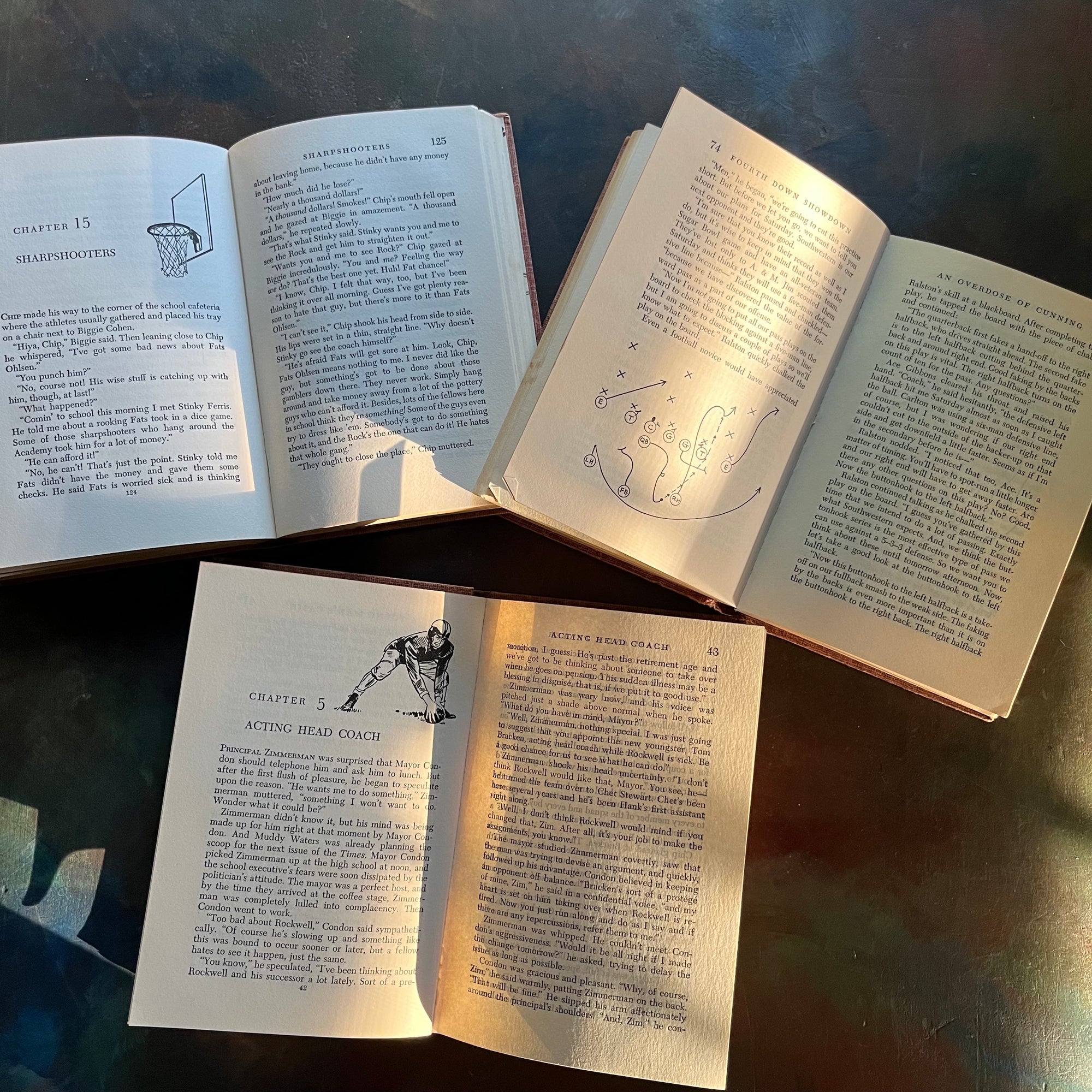 Set of Three Chip Hilton Stories Books-A Pass and a Prayer, Championship Ball, and Fourth Down Showdown written by Clair Bee-vintage boy's sports books-view of the illustrations