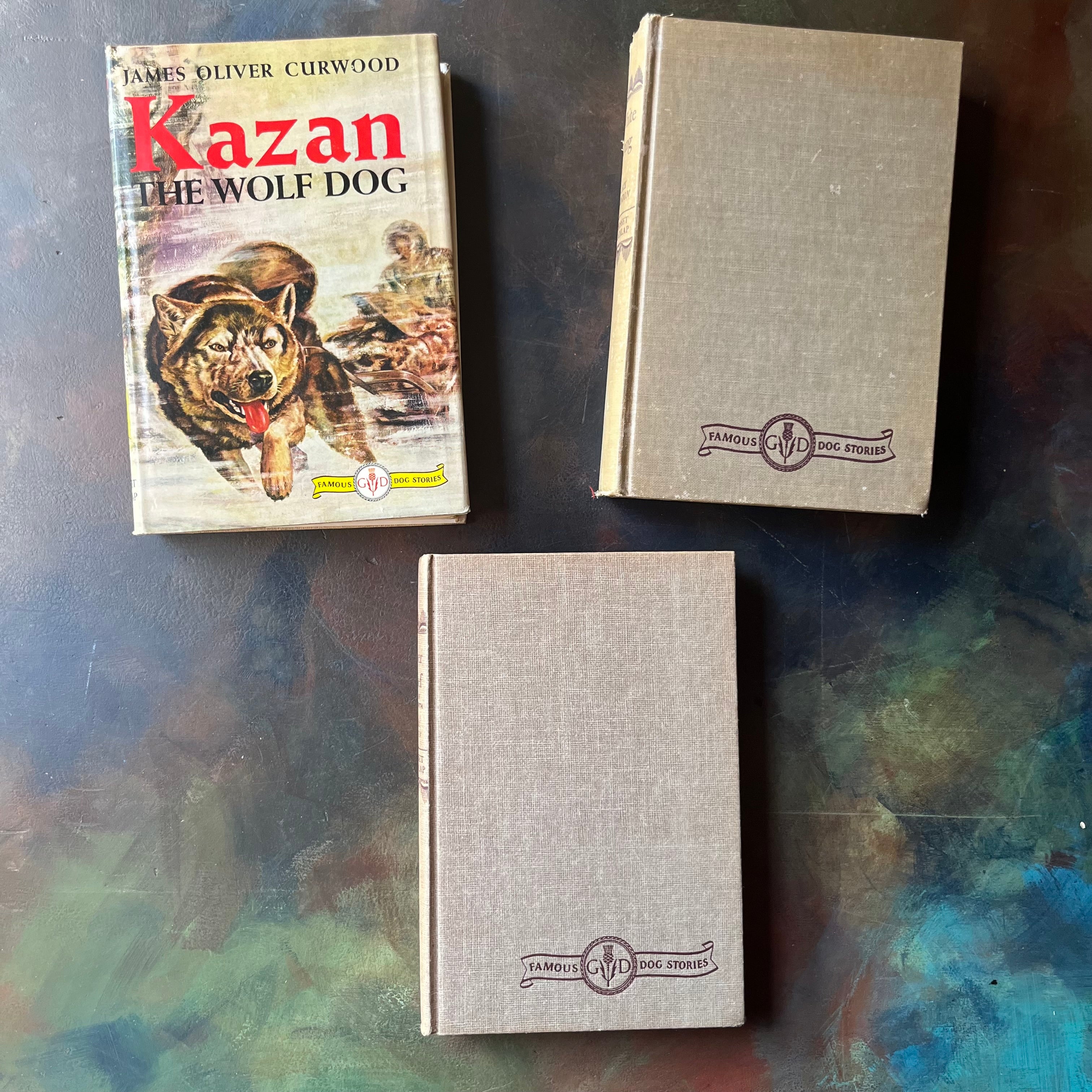 Set of Three Famous Grosset and Dunlap Dog Stories-Kazan the Wolf Dog-White Fang-Silver Chief Dog of the North-vintage dog books for kids-view of the front covers