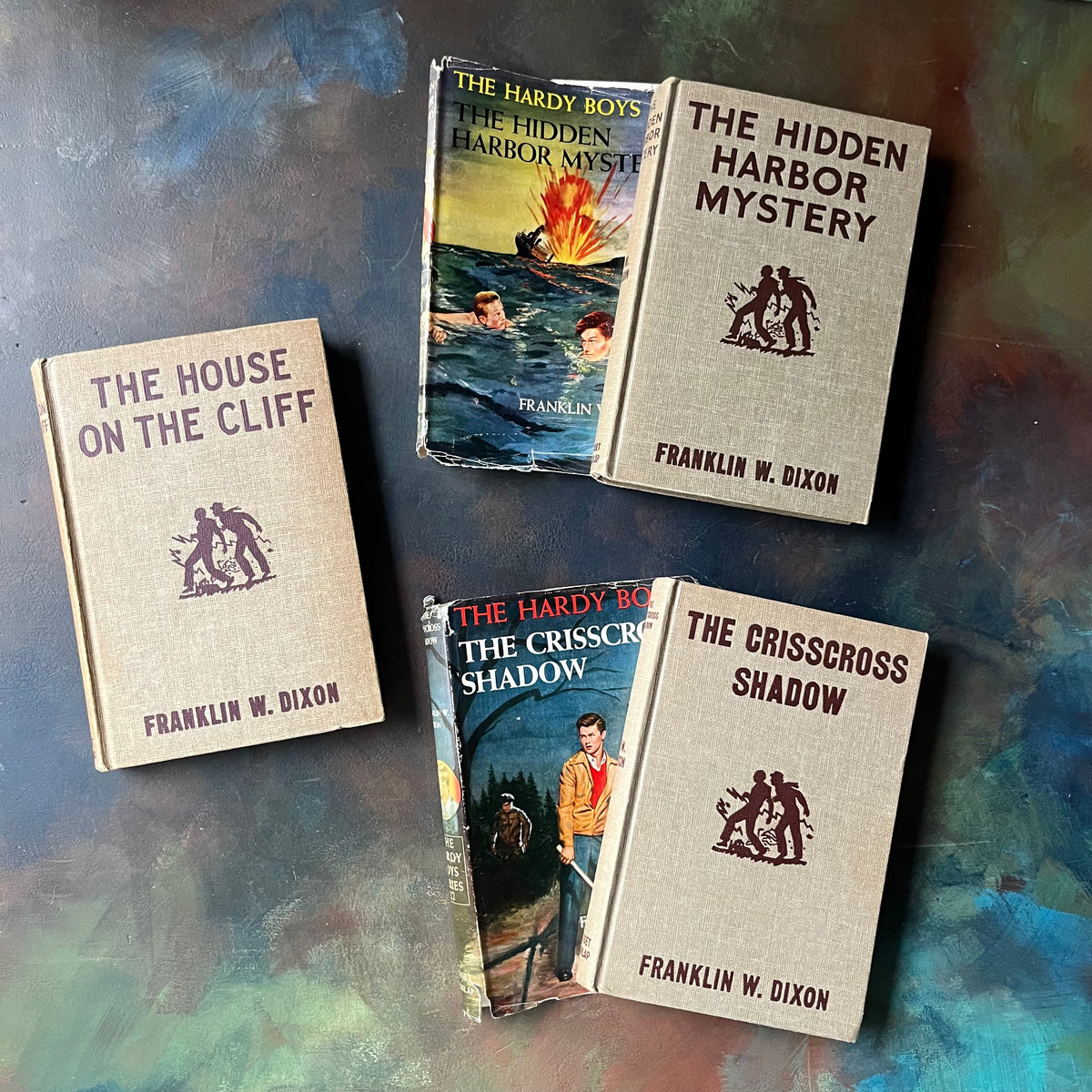 Set of Three Hardy Boys Mysteries with Brown Covers & Dust Jackets written by Franklin W. Dixon-vintage children's mysteries-view of the front covers