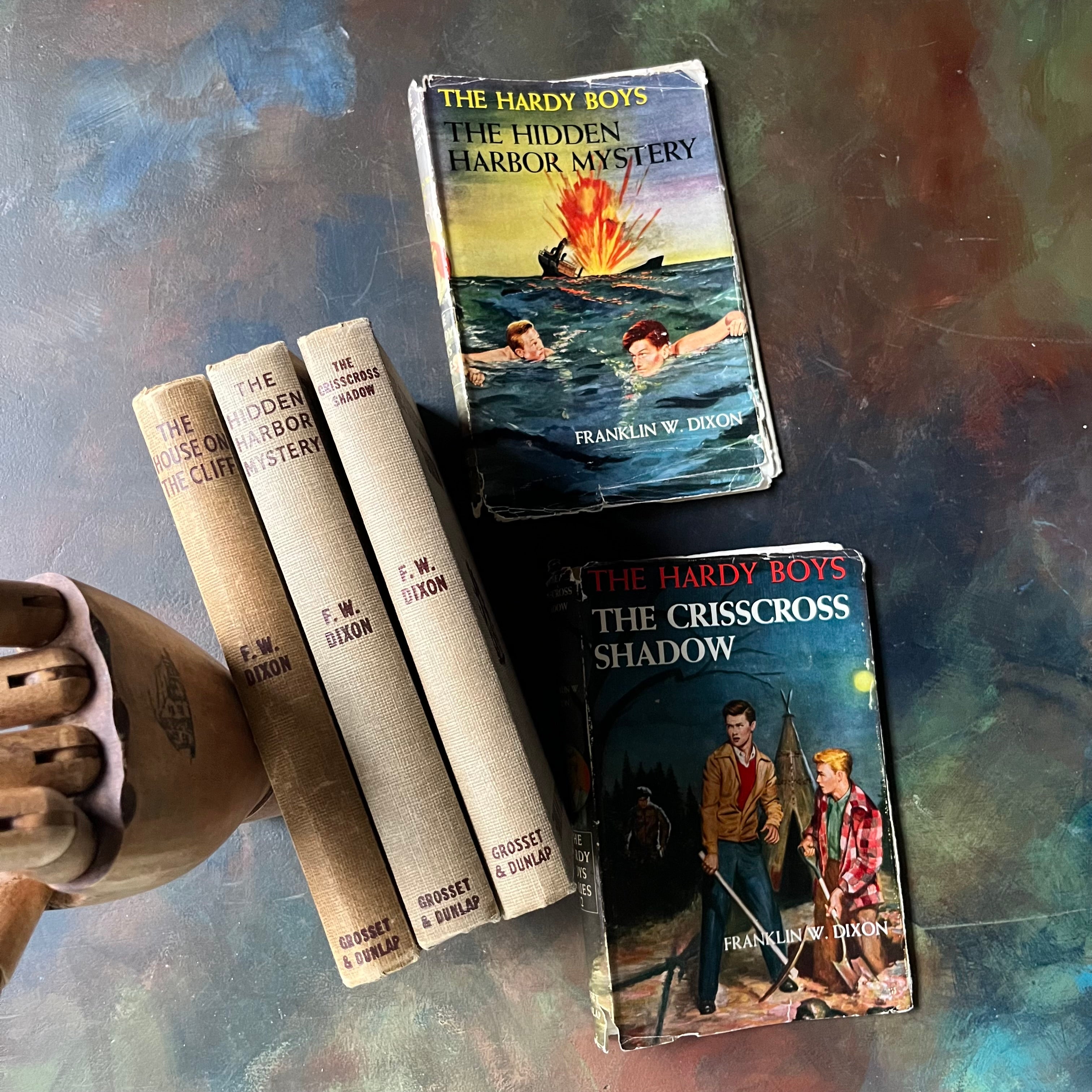 Set of Three Hardy Boys Mysteries with Brown Covers & Dust Jackets written by Franklin W. Dixon-vintage children's mysteries-view of the spines