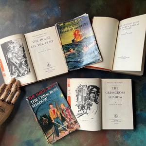 Set of Three Hardy Boys Mysteries with Brown Covers & Dust Jackets written by Franklin W. Dixon-vintage children's mysteries-view of the title pages & frontispieces