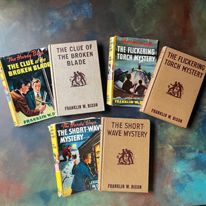 Set of Three Hardy Boys Mystery Books with Dust Jackets:  The Clue of the Broken Blade, The Flickering Torchlight Mystery and The Short-Wave Mystery-Franklin W. Dixon-vintage children's chapter books-vintage mysteries for young readers-view of the front covers